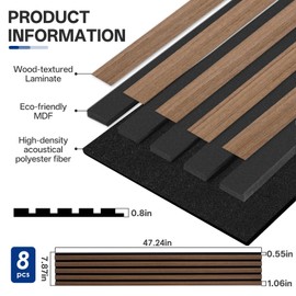 RexTact Wood Panels for Wall,8 Pack 47.24"x7.87" 3D Wall Panels for Interior Wall Decor,Wooden Acoustic Wall Panels,Wood Slat Wall Decor for Interior Wall,Living Room,Office Spaces,Bedroom(Walnut)