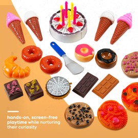 Kids Play Food Set - 130 Piece Pretend Play Food Collection - Assorted Fake Food Set Includes Fruits Vegetables Snacks Dessert Juices Canned Goods and More for Boys and Girls