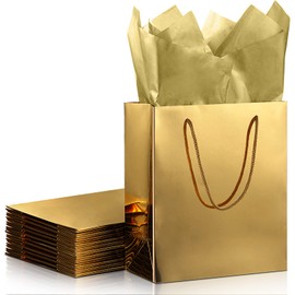 TaoBary 12 Pcs Gold Gift Bags with Tissue Paper and Handles 9 x 8 x 4 Inch Medium Metallic Tote Bags for Wedding Shopping Birthdays Baby Shower Party Favors