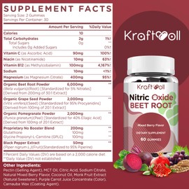 Kraftvoll Nitric Oxide Beet Root Gummies 6000MG - Sugar-Free, Mixed Berry Flavor with Grapeseed Powder, Pomegranate, Vitamin C & B12 - Pre-Workout Energy - 60 Gummies (2 Bottles)