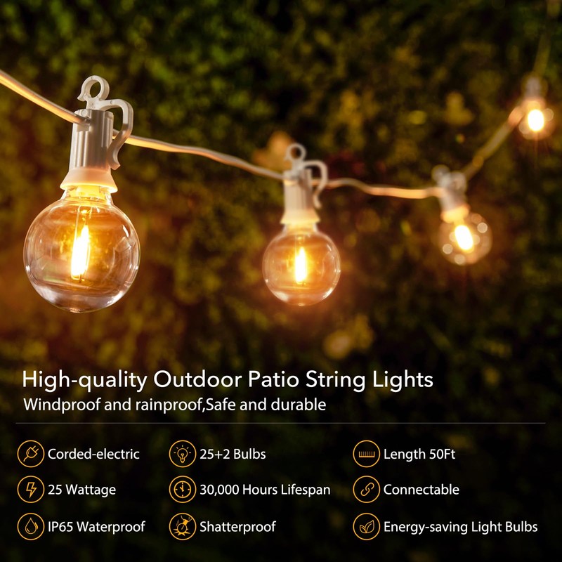 Brightown Outdoor String Lights, 50FT 25 G40 Bulbs Shatterproof Patio
