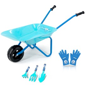 Colwelt Kids Wheelbarrow 5Pcs, Steel Wheelbarrow for Kids with Kids Gardening Tools and Gloves(Blue), Gardening Tools for Kids