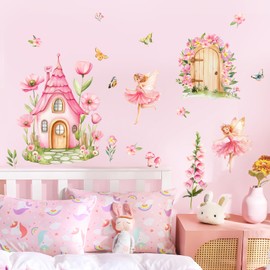 Fairy Tale Wall Decals Pink Flower Cottage Door Wall Stickers Peel and Stick Butterfly Girl Wall Art Decor for Girls Bedroom Living Room Kitchen Sofa TV Backdrop Wall Decoration