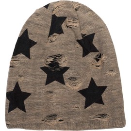 styleBREAKER 04024046 Unisex Fabric Beanie Hat with Stars and Vintage Dots Pattern with Cracks in Destroyed Used Look, brown