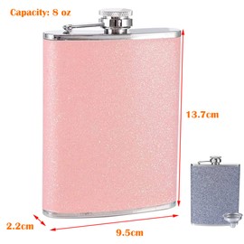 Women's Hip Flask Small with Glitter - Mini Portable Stainless Steel Hip Flask with Funnel for Hiking, Climbing, Fishing, Camping - 235 ml (8 oz) (Silver)