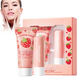 Repairing Hand Cream + Lip Balm, Anti-Ageing Nourishing Hand Cream Nourishing and Protective Cream Skin Care Nourishing Lip Balm for Very Dry Skin, Anti-Crack Repair Glowing (Strawberry)