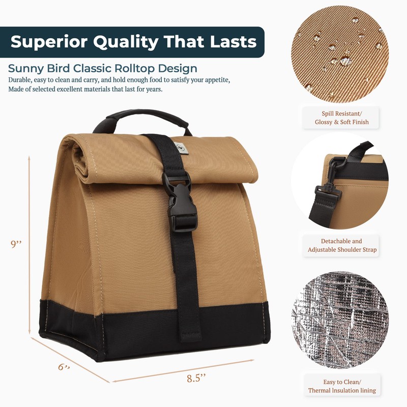 SUNNY BIRD Insulated Lunch Bag Rolltop Lunch Box Tote Bag
