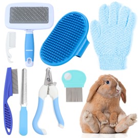 VCZONE Small Animal Grooming Set: Pet Nail Clipper & File, Flea Comb, Shampoo Brush, Shedding Slicker Brush, Massage Glove, Cleaning Comb (Blue)