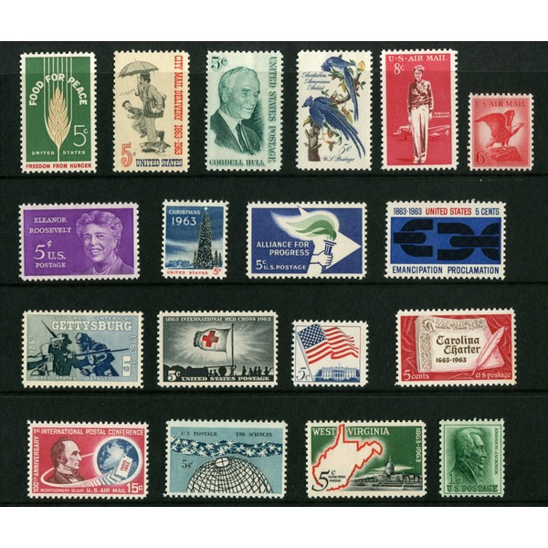 COMPLETE MINT SET OF POSTAGE STAMPS ISSUED IN THE YEAR 1963 BY THE U.S. POST OFFICE DEPT. (Total 18 stamps)