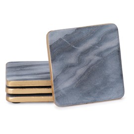 Thirstystone Natural Gray Marble 4 Pack Coasters with Gold Edge 4" Square Elegant, Heat Tolerant, Water Repellant