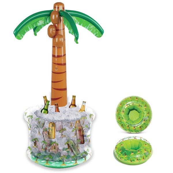 CoTa Global Inflatable Palm Tree Cooler and Drink Holders for Pool Set - Giant Palm Tree Blow Up Cooler and 2 Pool Cup Holders for Drinks, Cool Beach Party Decorations and Pool Party Supplies - 3 Pack