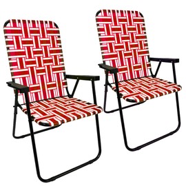 Lawn Chair Folding Steel Webbing Chaise Patio Lounger Seat Wood Handles Great for Camping, Beach, Fishing, Backyard, Stadium, Pool, Boating, and Sports 2 Pack Red