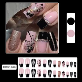 FIEONCIY Press on Nails Square Medium Length Glossy Full Cover Acrylic Square Shaped False Nails with Designs Artificial Short Coffin Fake Nails with Charms Glue ons Fingernails for Women(BKS3100)