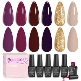 Beetles Gel Polish Set – 6PCS Fall Winter Burgundy Glitter Nude Gold Gel Nail Polish Kit Soak Off UV LED Terra Dusk Gel Colors DIY Home Salon Gift for Women