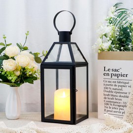 JHY DESIGN Black Decorative Lanterns 16“H Decorative Candle Lantern with Tempered Glass for Indoor Outdoor Events Parities and Weddings