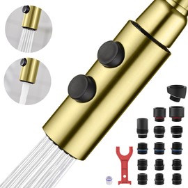 TIORIY Kitchen Faucet Head Replacement Metal, Pull Down Spray Head with 15 Adapters for Kitchen Faucet, 2 Function Kitchen Sink Spray Nozzle, Stainless Steel, Brushed Gold