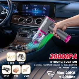 Car Vacuum Portable Cordless, 20000PA High Power Vacuum Cleaner, Brushless Motor, 3-Speed Modes, 4 in 1 Compressed Air Duster, Air Blower, Pump Handheld Vacuum with LED for Car, Home, Office, Camping
