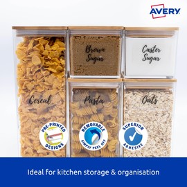Avery Rectangle Clear A6 Pantry Labels - Food Storage Stickers - Kitchen Storage & Organisation - Clear Design, 70 x 40 mm, 32 Labels / 8 Sheets (39041)