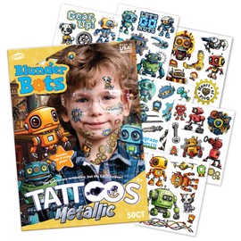 Savvi - 50 Blunder Bots Temporary Tattoos: Metallic, Skin-Safe Ink, Great for Birthday Parties, Gifts for Boys and Girls Ages 4-12+, Made in the USA [6 sheets, 50 count]