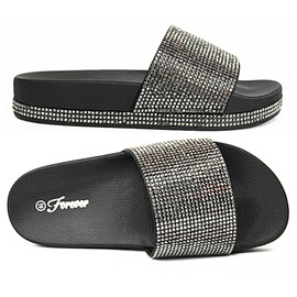 Forever Link Viste-07 Rhinestone Glitter Slide Slip On Flatform Footbed Sandal Slippers (8.5, Black-07)