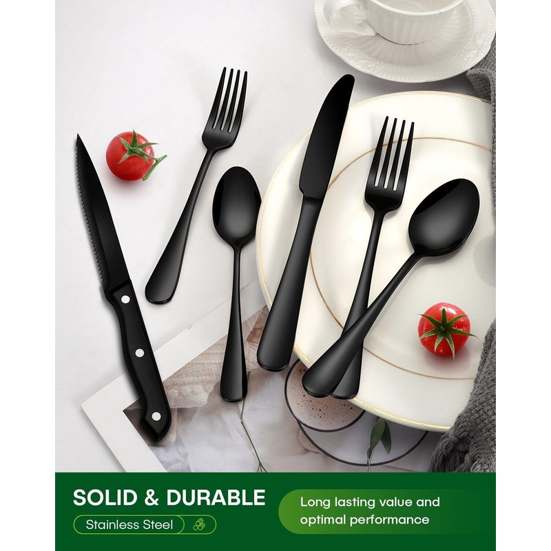 PHILIPALA 24-Piece Black Silverware Set with Steak Knives Food-Grade Stainless
