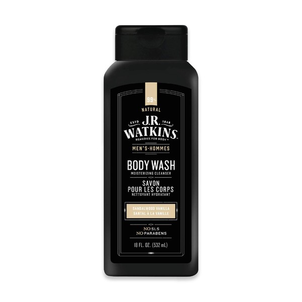 J.R. Watkins Sandalwood Vanilla Natural Daily Moisturizing Body Wash, Aloe and Green Tea, Hydrating Shower Gel for Men and Women, Free of SLS, USA Made and Cruelty Free, 532 Milliliters