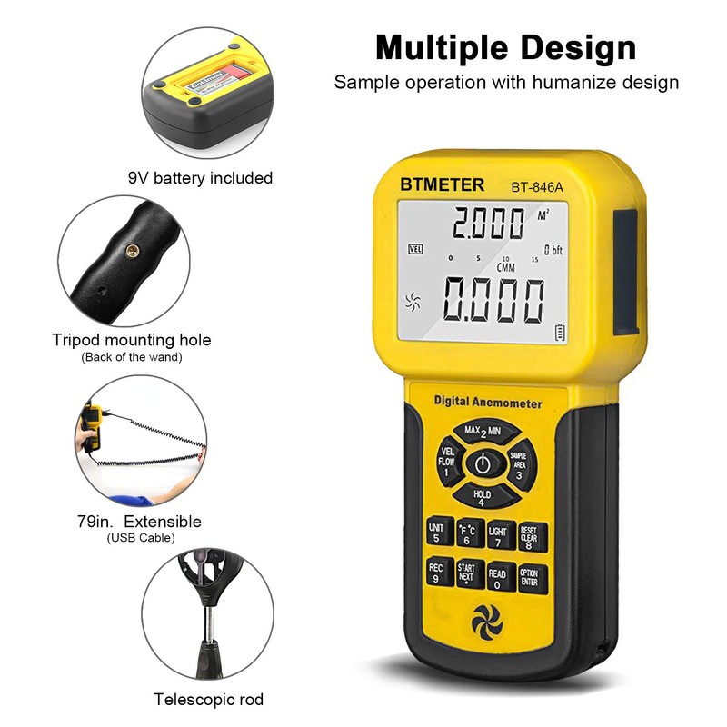 BTMETER BT-846A Pro HVAC Anemometer Measures Wind Speed Flow Temperature