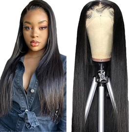 Salharer 24 Inch 13x6 Transparent Lace Front Human Hair Wig 180% Density Unprocessed Glueless Straight Hair Pre Plucked Natural Hairline 1B Natural Black Color