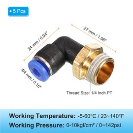 PATIKIL 1/4 inch push-to-connect fitting, pack of 5 PT-Male thread, 90 degree connection, 4 mm hose elbow and straight combination, air hose fitting, pneumatic, blue