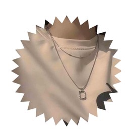 Allereya Geometric Square Pendant Necklace Layered Hollow Square Necklace Silver Geometric Necklace Hammered Square Choker Necklace Jewelry for Women and Girls (Silver)