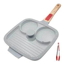 RANX INGST Ceramic Egg Pan with Lid, 10 in Nonstick 3 Section Divided Grill Pan with Detachable Handle, Fried Egg Pan - Blue