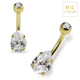 9K Solid Yellow Gold Teardrop Cz Stone 14 Gauge Internally Threaded Banana and Cz Stone Ball Top Belly Ring - Belly Button jewelry - Navel jewelry - Gold Navel Ring