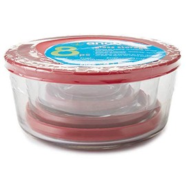 Anchor Hocking Round Glass Food Storage 8pc Set. (Red, Snug Fit Lid)