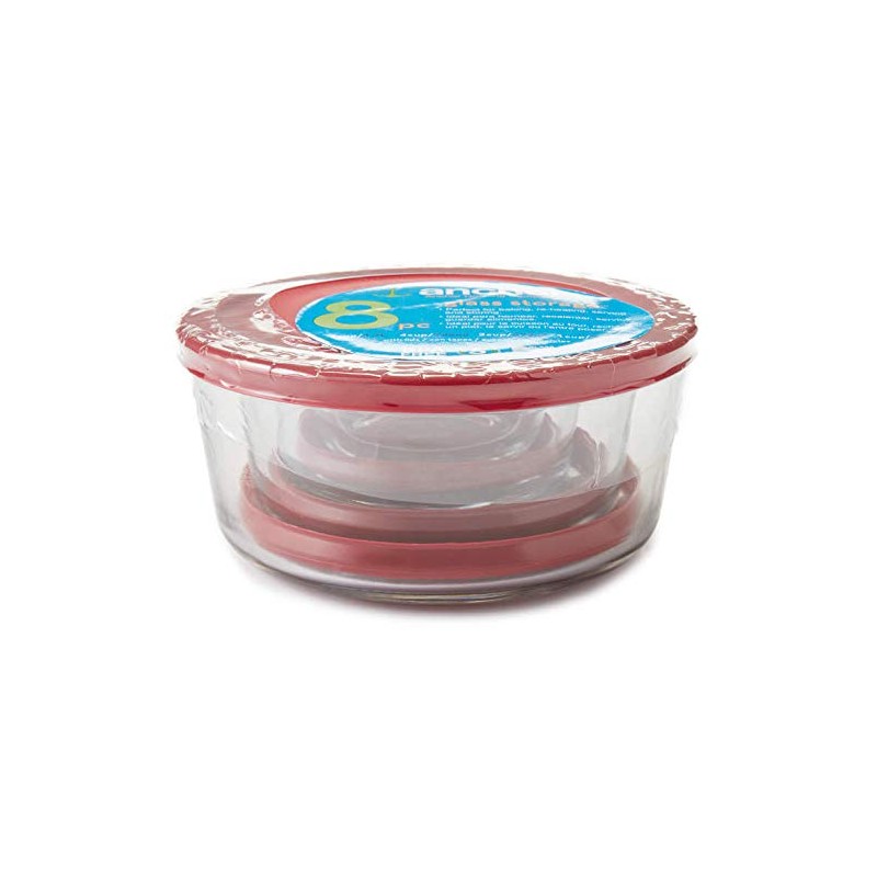 Anchor Hocking Round Glass Food Storage 8pc Set. (Red, Snug