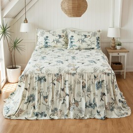 100% Cotton Queen Size Bedspread Beige Oversized 60x80 + 30in Drop American Country Birds Cottage Bedspread 1-Piece