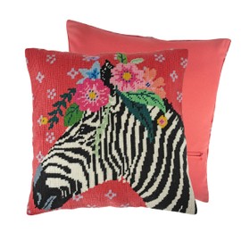 Trimits Half Stitch Cross Stitch Cushion Kit, Cushion Back Included, Pre Printed Canvas, Yarn and Needle Included 40 x 40cm (15.75 x 15.75in), Zebra