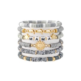 RISHEGAE Mama Bracelet Heishi Beaded Bracelets for Women Polymer Clay Surfer Mothers Day Gift Stretch Bracelet Stackable Gold Beads Bracelets Friendship Summer Beach Bracelets Jewelry Set