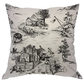 Zaueky Old Village Pillow Case Town Black and White Fishing Ancient Toile Countryside Home Decor Cotton Linen Throw Cushion for Sofa Couch Car Bedroom Square 18"X 18" Pillow Cover