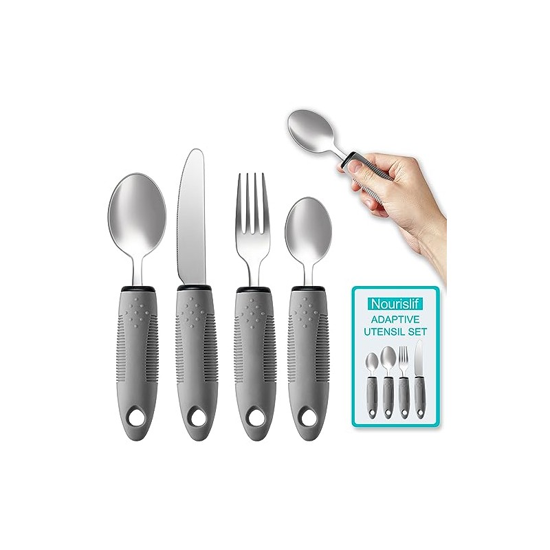Nourislif Adaptive Utensils 4pcs For Hand Tremors,Elderly, Arthritis,Parkinsons-Built Up Utensils