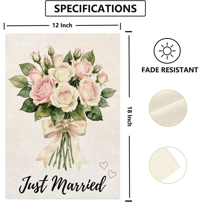 Just Married Wedding flower Garden Flag 12x18 Inch Burlap Double