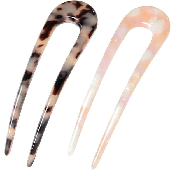 French Hair Forks Tortoise Shell French Hair Pins For Buns,5 Inch Cellulose Acetate U Shape Chignon Pin 2 Prong Hair Stick for Women,Pink/Tortoise Shell,2Pack