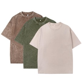 Eadali 3 Pack Men's Oversized Cotton T-Shirts Loose Fit Vintage Washed Unisex Short Sleeve Casual Streetwear Tops(Brown/Dark Green/Beige,XXL)