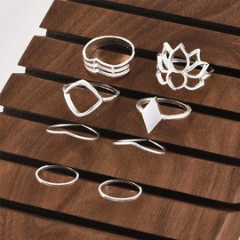 Wedity Crescent Ring Set Geometry V-shape Star Moon Lotus Crystal Finger Joint Rings Stackable Knuckle Rings Jewelry for Women and Girls (C)