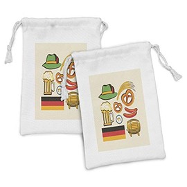 Ambesonne German Fabric Pouch Set of 2, Oktoberfest Wheat Sausage Beer and Pretzels Colorful Bavarian Arrangement, Small Drawstring Bag for Toiletries Masks and Favors, 9" x 6", Multicolor