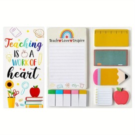 Teacher Appreciation Sticky Notes Set, Patterned Sticky Notepads, Teaching Is A Work Of Heart Gifts, Writing & Reminder Notes, Classroom Stationery Gift