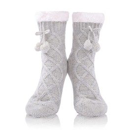 FUSACONY Women's Cuddly Socks Fluffy Pom Pom Stopper Socks with Non-Slip Nubs Warm Winter Socks Bed Socks Soft Christmas Socks Gifts Plush House Socks for Adults 35-42, lightgrey