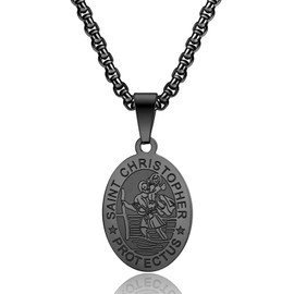 RONLLNA Bible Verse Prayer Necklace Free Chain Christian Jewelry Stainless Steel Praying Hands Coin Medal Pendant Black St Christopher