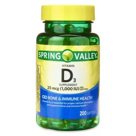 Spring Valley Vitamin D3 1000 IU 25 mcg, 200 Softgels  immune health  vitamina D3  Softgel 200