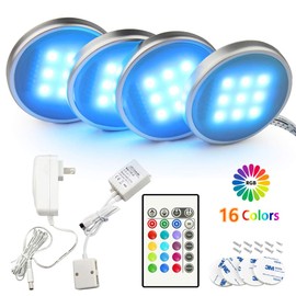 Bason RGB Under Cabinet Lighting, Remote Control LED Puck Lights, Wired Multi Color Changing, Dimmable, Adaptor Powered Shelf Decorative for Kitchen Cabinets Counter, Glass Cabinets, Bookshelf 4 Pack