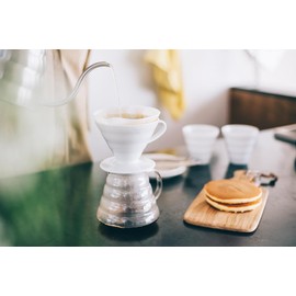 Hario V60 Coffee Pour Over Kit Bundle Set - Comes with Ceramic Dripper, Range Server Glass Pot, Measuring Spoon, and 100 Count Package of Hario 02W Coffee Filters
